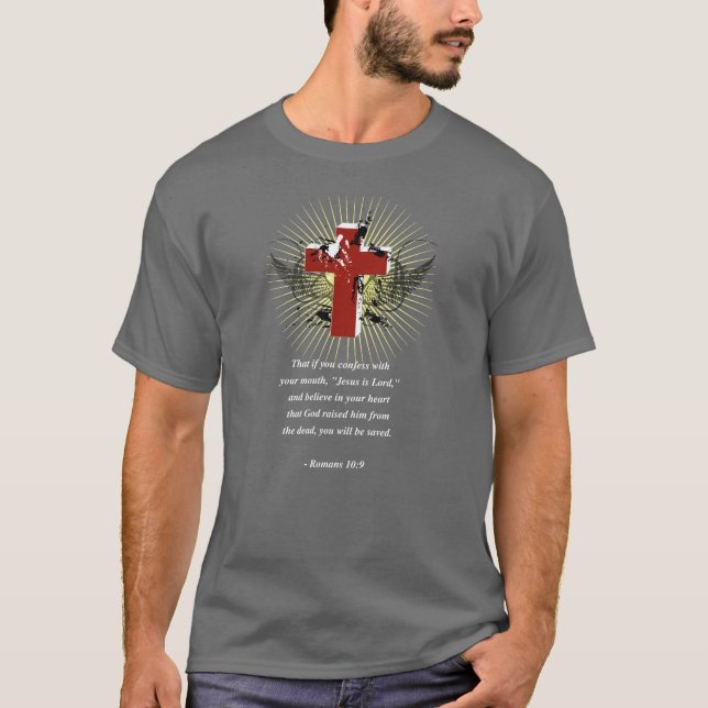 T-shirt Verso da bíblia do 10:9 dos ROMANOS (Frente)