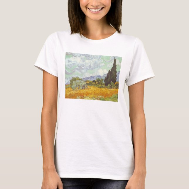 T-shirt Vincent van Gogh - campo de trigo com ciprestes (Frente)
