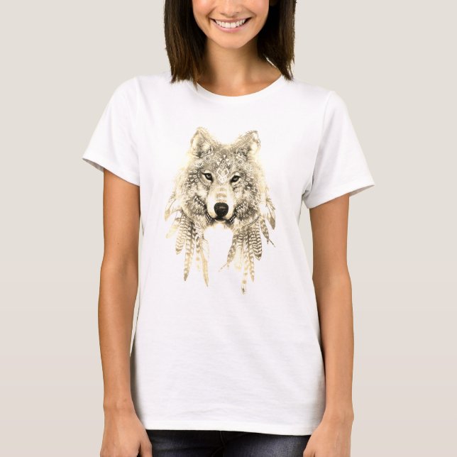 T-shirt Wolf In Indígenas Roupa Relaxe Ajustado Jersey Tee (Frente)