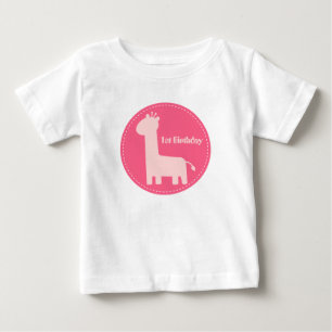 T-shirts 1º Aniversário - Silhueta de Girafa Rosa para Bebê