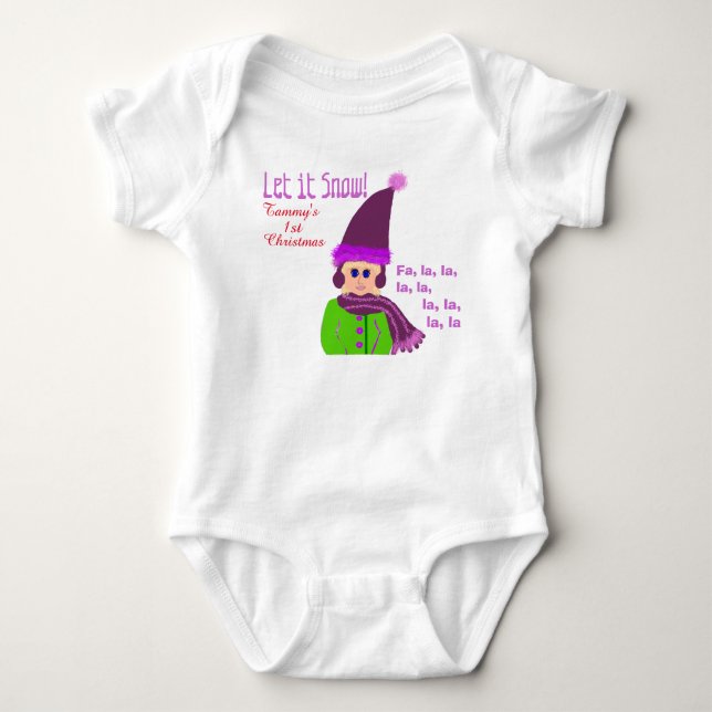 T-shirts 1º Natal Menina Chapéu Roxo Deixe a Neve Cair (Frente)