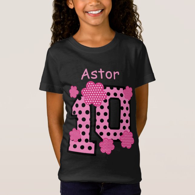 T-shirts 10º Aniversário, Bolinhas Rosa, Nome Personalizado (Frente)