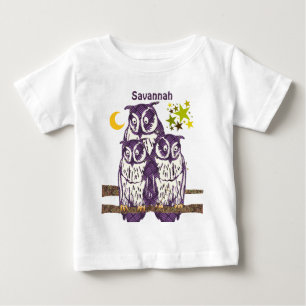 T-shirts 3 Corujas Roxas Lua e Estrelas Personalizadas
