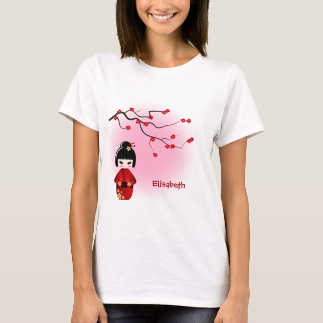 T-shirts A boneca japonesa do kokeshi em sakura floresce (Frente)