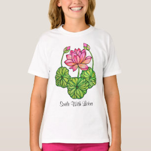 T-shirts Aguarela Lotus cor-de-rosa com botões & folhas