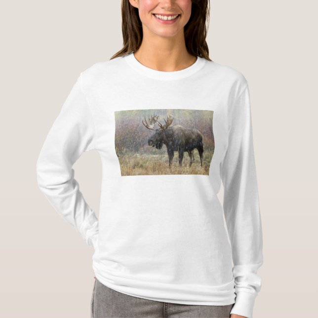 T-shirts Alce macho em tempestade de neve com árvores de ál (Frente)