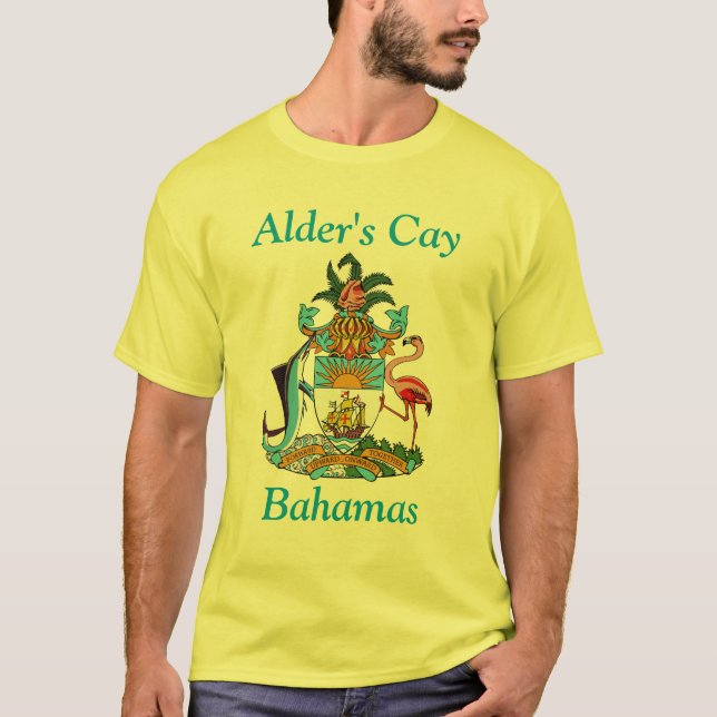 T-shirts Alder's Cay, Bahamas com Casaco de Armas (Frente)