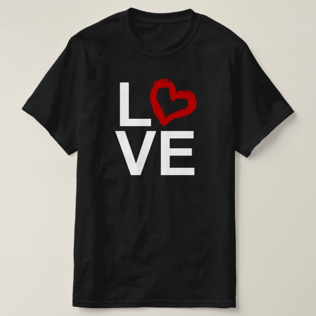 T-shirts AMOR, preto e branco com coração vermelho esboçado (Frente do Design)
