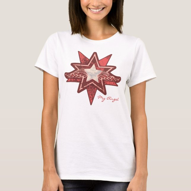 T-shirts Angel star adicione sua foto, senhoras vermelhas e (Frente)