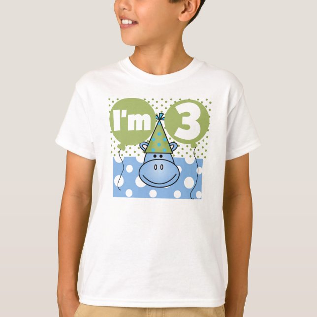T-shirts Aniversário de 3 anos azul do hipopótamo (Frente)