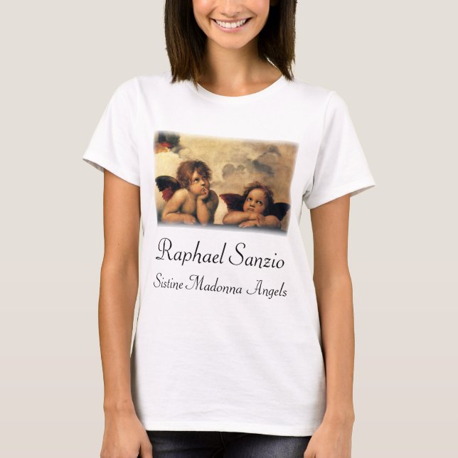 T-shirts Anjos da Madona Sixtina por Raphael Sanzio (Frente)