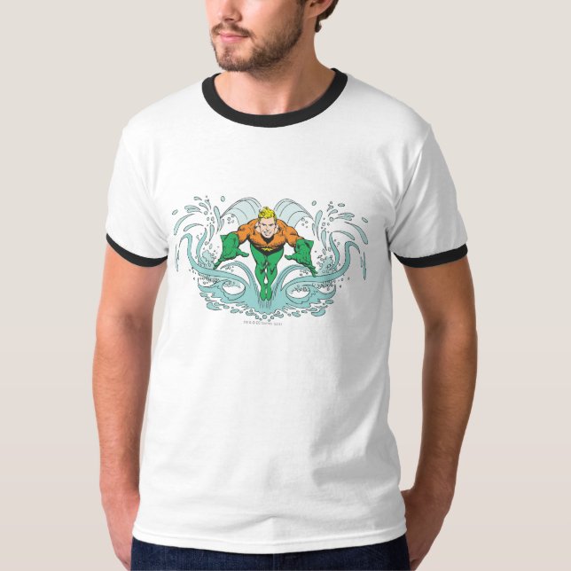 T-shirts Aquaman Pulando para a Frente (Frente)