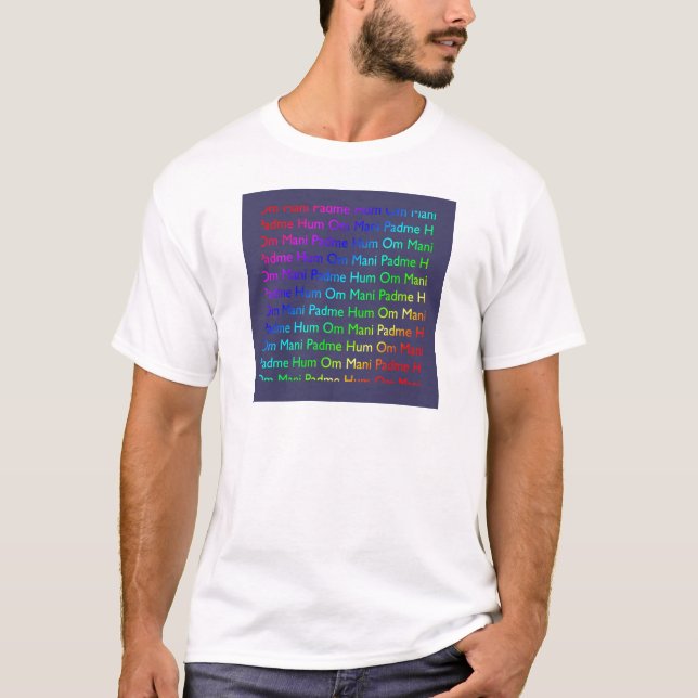 T-shirts Arco-íris Om Mani Padme Hum no Roxo (Frente)