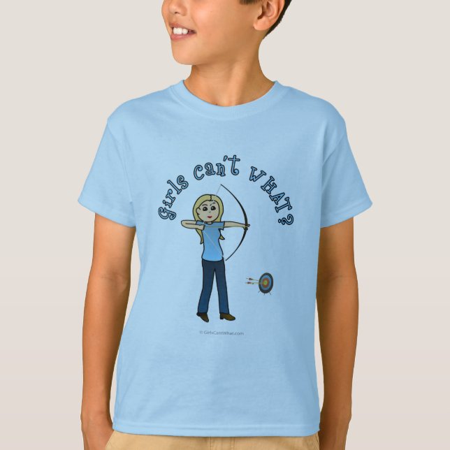 T-shirts Arqueiro Loiro de Mulheres em Azul (Frente)