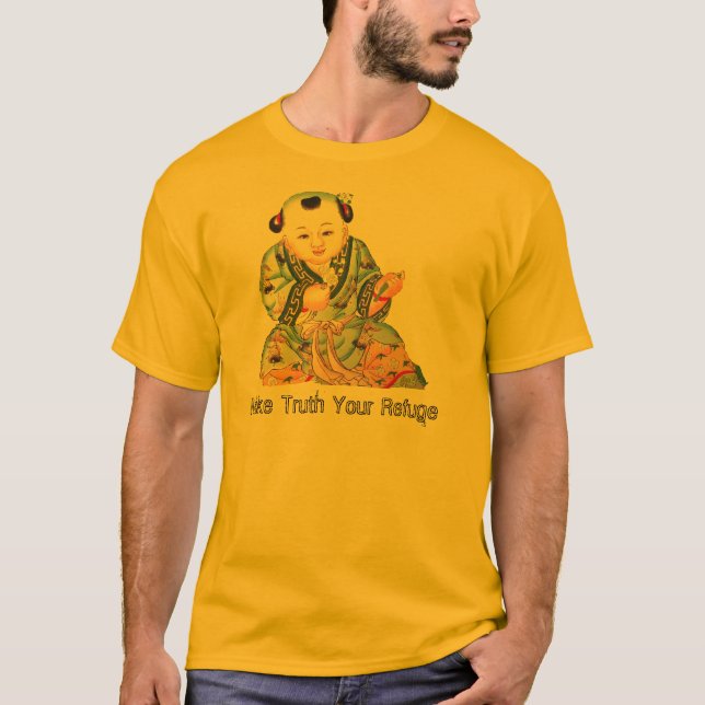 T-shirts Arte budista asiática de riso de Buddha da boa (Frente)