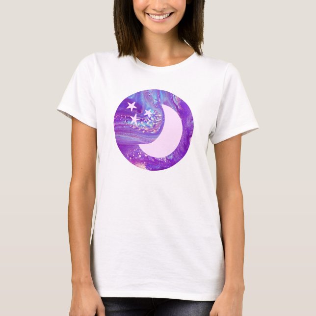 T-shirts Arte da Lua e Estrelas do Círculo Inverso Pastel (Frente)