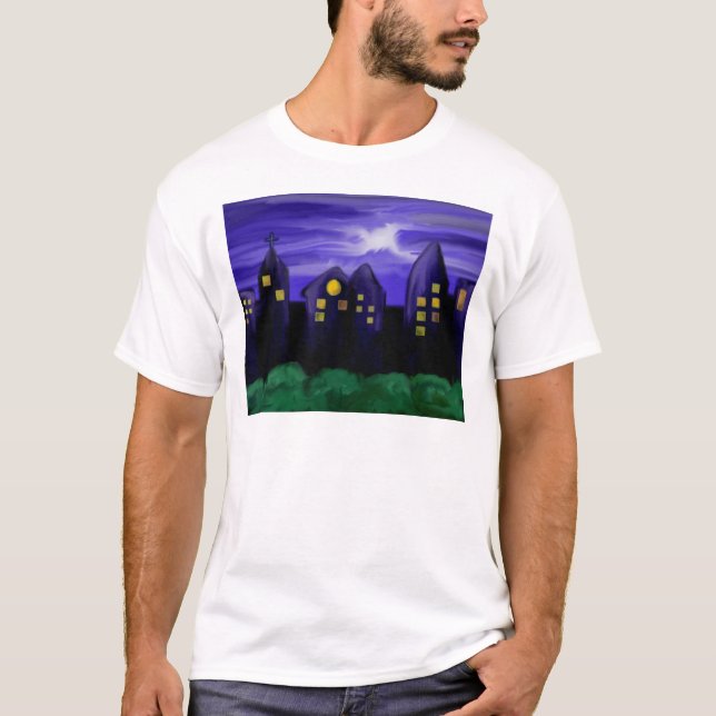 T-shirts Arte de canvas do arranha-céu noturno (Frente)