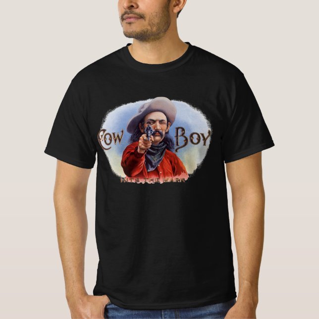 T-shirts Arte de Rótulo de Charuto Antigo, Cowboy Acerta o  (Frente)