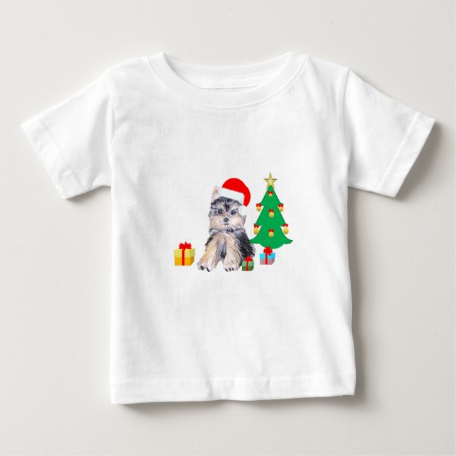 T-shirts Árvore de Natal, cachorro fofo Yorkshire e present (Frente)