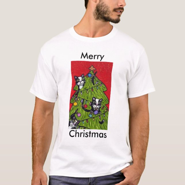 T-shirts Árvore de Natal de Gatos de Arte Folha (Frente)