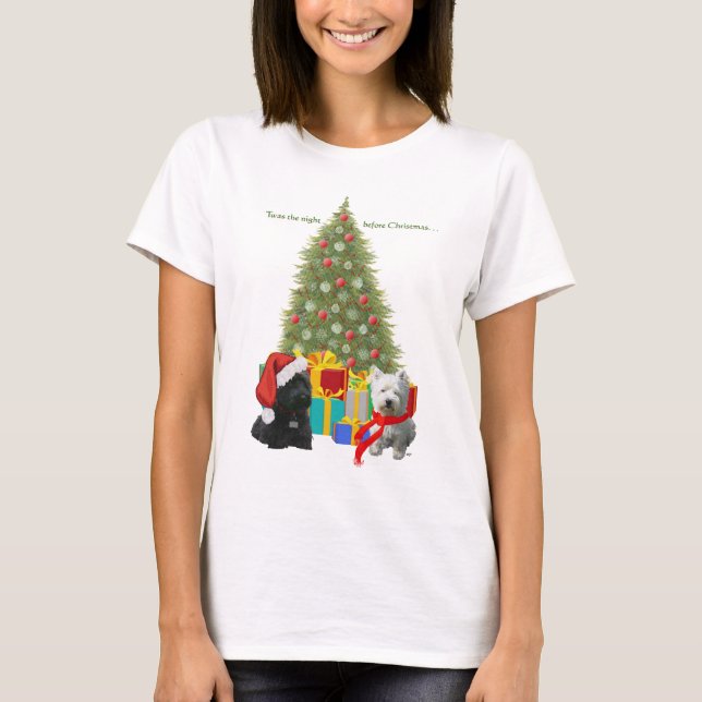 T-shirts Árvore de Natal Scottie e Westie (Frente)