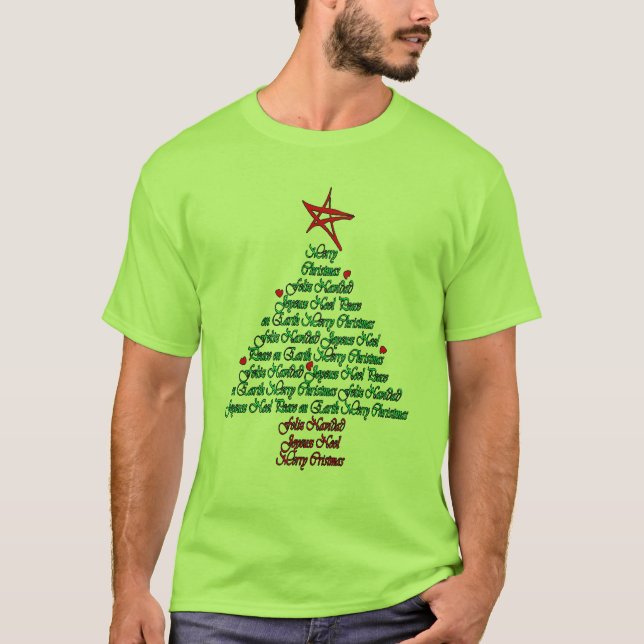 T-shirts Árvore natal de Feliz do cartão multilíngue de (Frente)