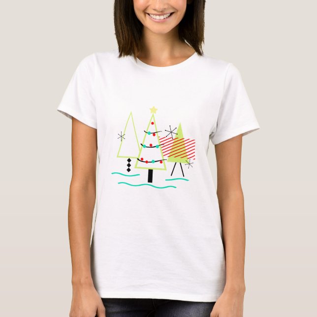 T-shirts árvores de natal modernas de meados do século retr (Frente)