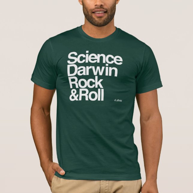 T-shirts Ateu - rock and roll de darwin da ciência (Frente)