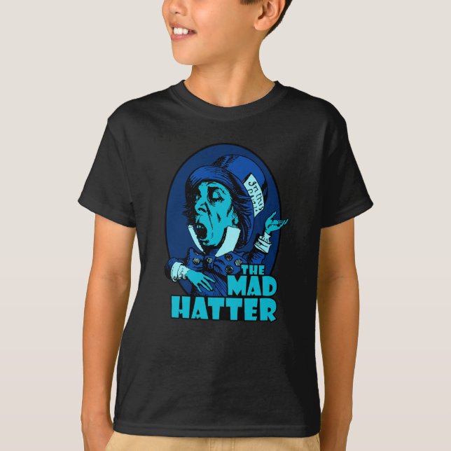 T-shirts Azul louco do logotipo do Hatter (Frente)
