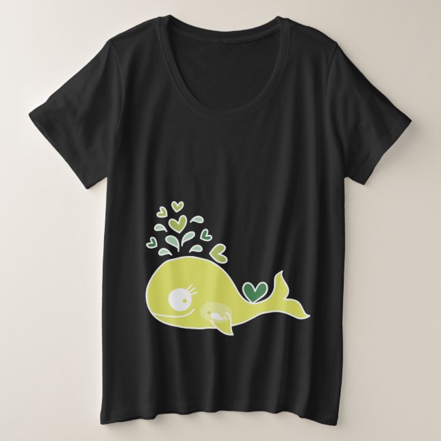 T-shirts Baleia Mãe Grávida Verde Caprichosa Com Bebê (Frente do Design)
