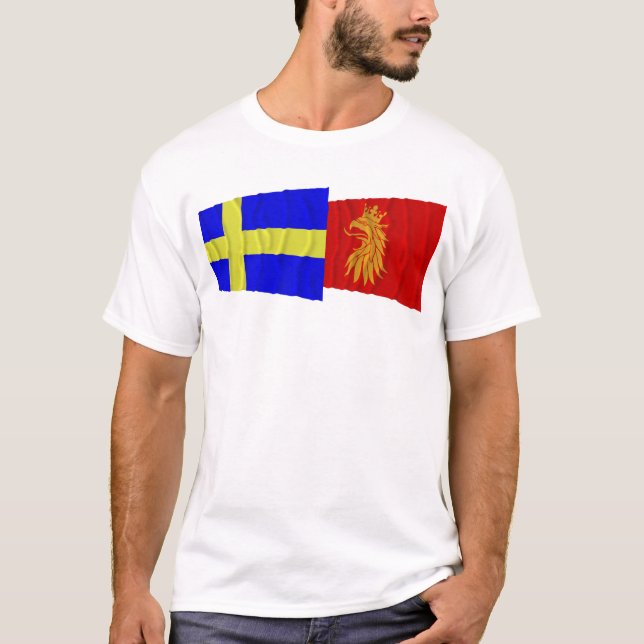 T-shirts Bandeiras de ondulação do län da suecia e do Skåne (Frente)
