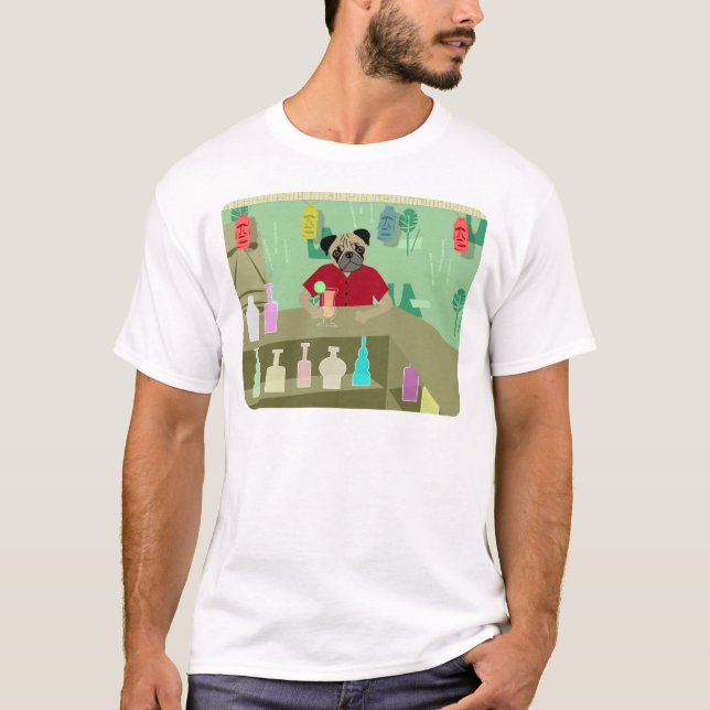 T-shirts Bar de Tiki do cão do Pug (Frente)