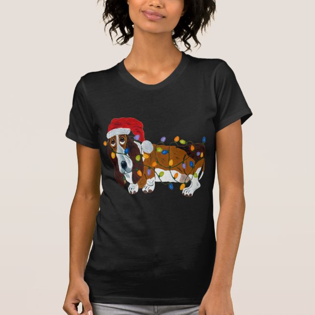 T-shirts Basset Tangled em luzes de Natal (Frente)