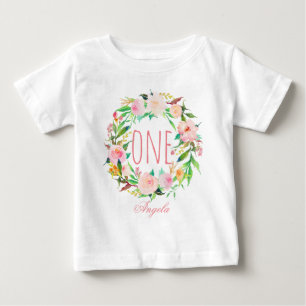 T-shirts Bebê de Aniversário de Um Ano Floral Wreath-3
