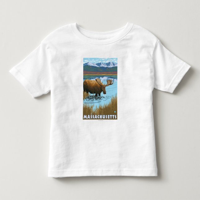 T-shirts Bebendo de MassachusettsMoose no lago (Frente)