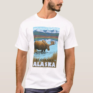 T-shirts Bebendo dos alces no lago - Fairbanks, Alaska