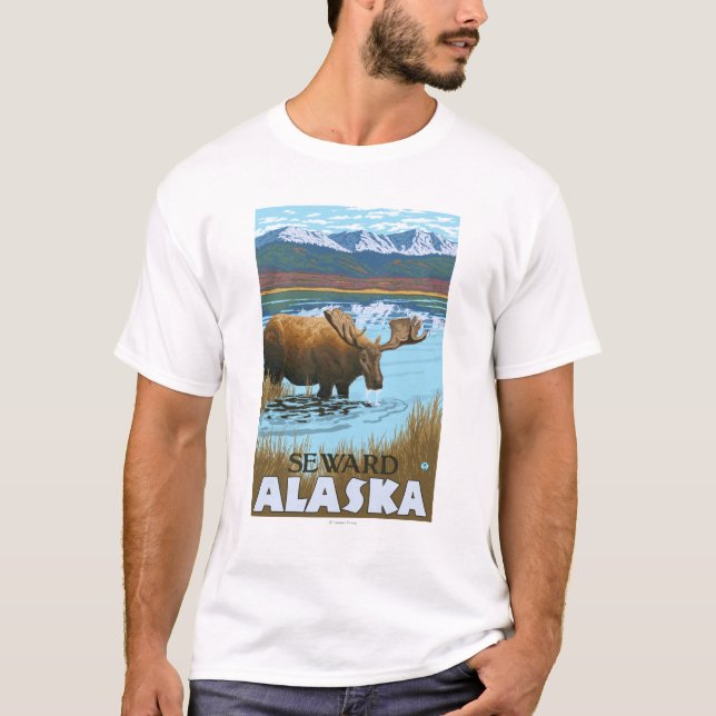 T-shirts Bebendo dos alces no lago - Seward, Alaska (Frente)