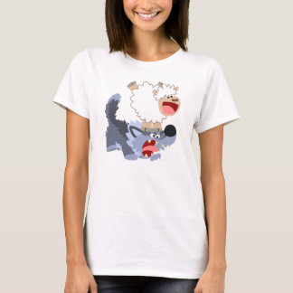 T-shirts Bela Cartoon Ovelha Brincando com Wolf Women T-Shi