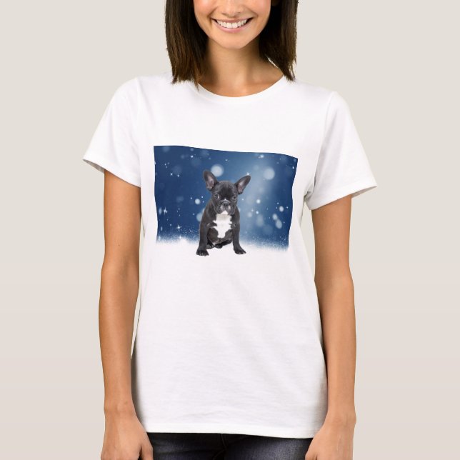 T-shirts Belo Buldogue Francês Estrelas de Neve Azul Natal (Frente)