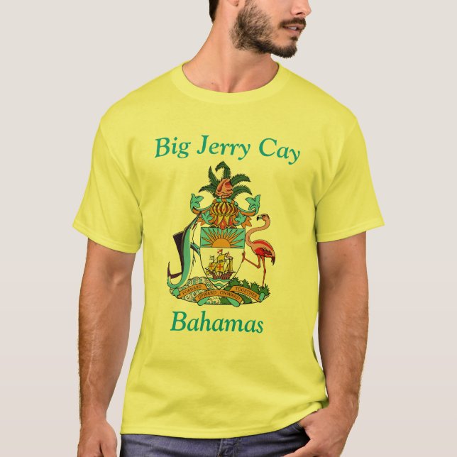 T-shirts Big Jerry Cay, Bahamas com Casaco de Armas (Frente)