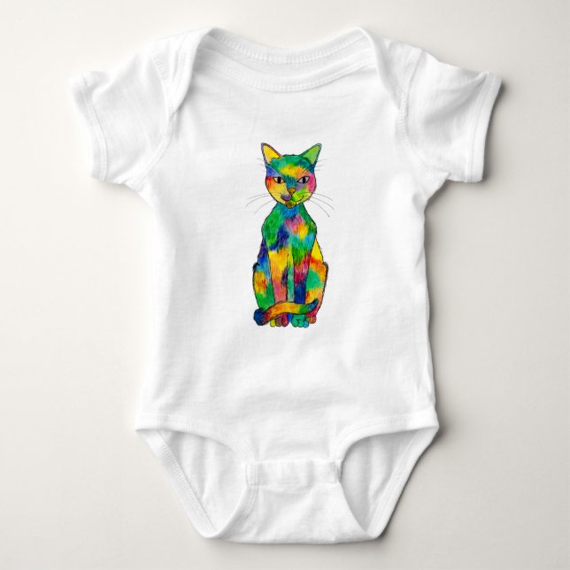 T-shirts Bodysuit do bebê do gato do arco-íris (Frente)