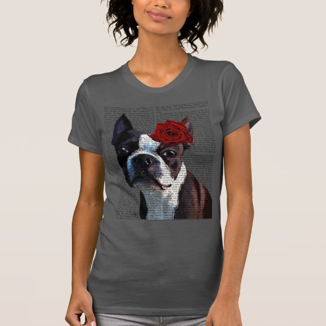 T-shirts Boston Terrier com Rosa na cabeça (Frente)