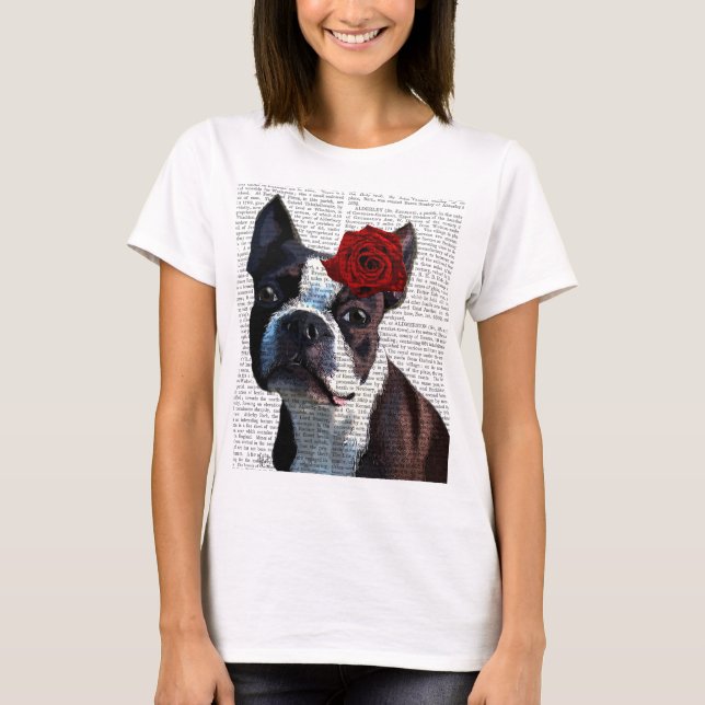 T-shirts Boston Terrier com Rosa na cabeça (Frente)