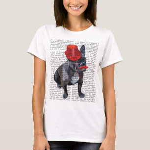 T-shirts Buldogue Francês com Chapéu Vermelho e bigode