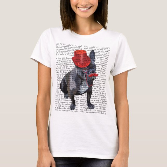 T-shirts Buldogue Francês com Chapéu Vermelho e bigode (Frente)