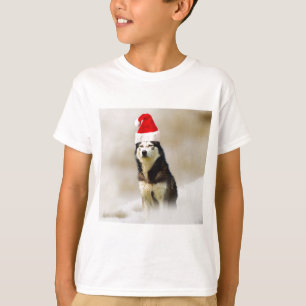 T-shirts Cachorro Siberiano Husky com Papai Noel em neve
