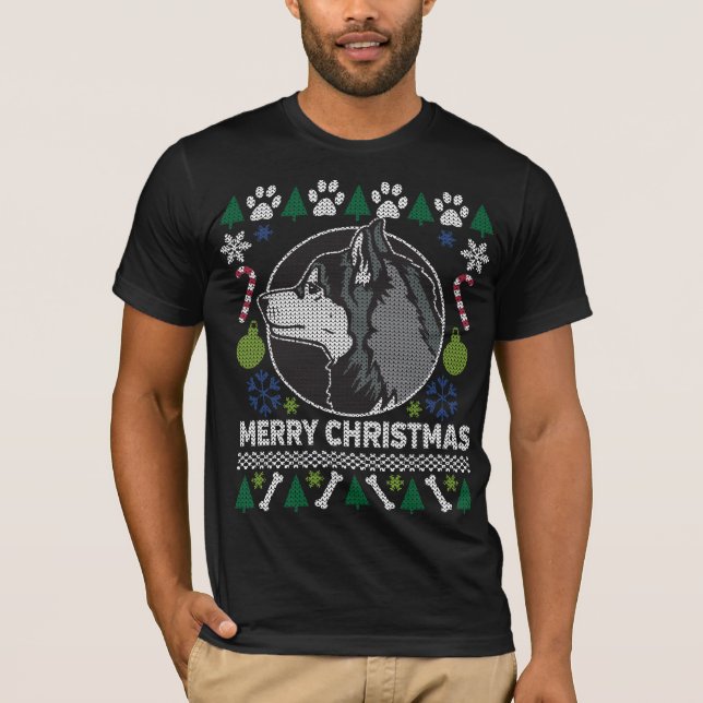 T-shirts Cachorro Siberiano Raça Feia De Natal (Frente)