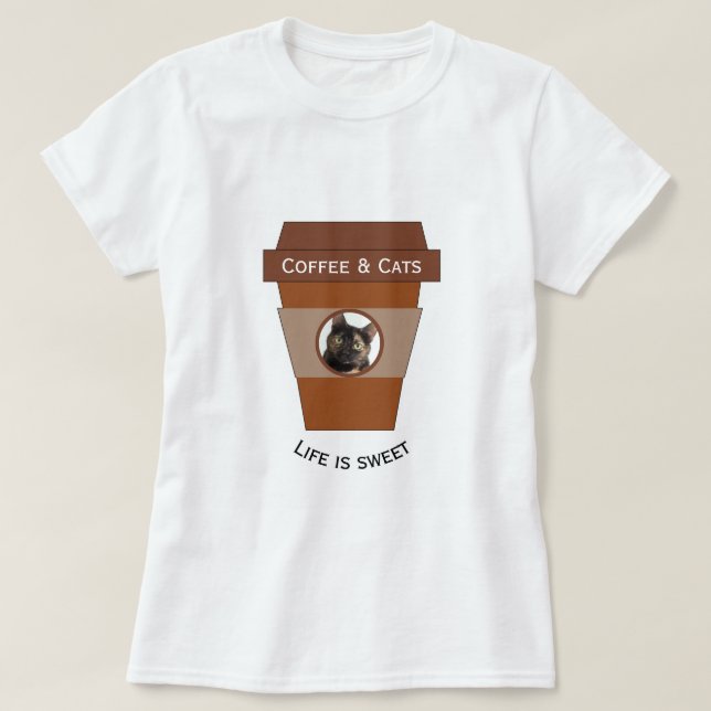 T-shirts Café e gatos personalizáveis - A vida é doce (Frente do Design)