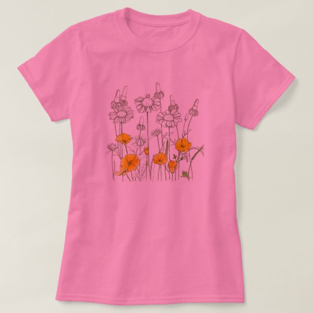 T-shirts California Poppy Flower Wildflower Sketch (Frente do Design)