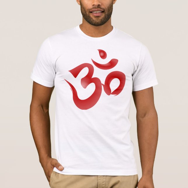 T-shirts Caligrafia Hindu vermelha do OM Aum Devanagari do (Frente)